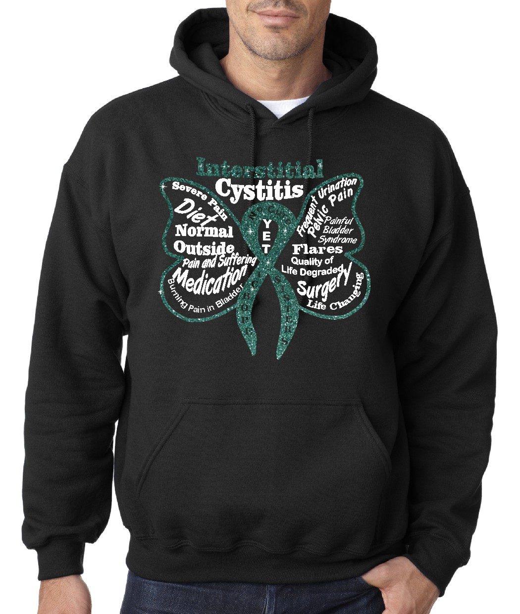 Interstitial Cystitis on black with glitterflake - hooded sweatshirt